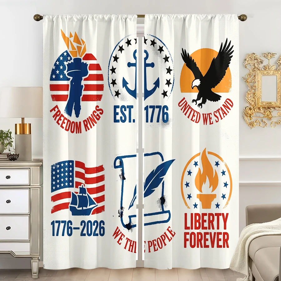 2PCS Curtains, Six Vintage Patriotic USA Badge Print Featuring Liberty Torch, Anchor, Bald Eagle, American Flag Sailboat and Qui