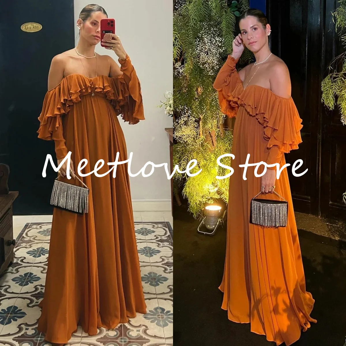 

Meetlove Elegant Long Orange Chiffon Evening Dresses فساتين السهرة A-Line Floor Length Ruffled Prom Dress Robe de soirée Women