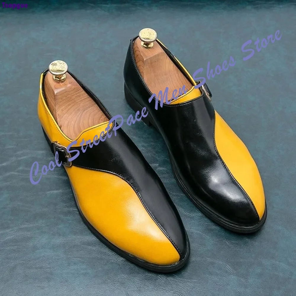 Men Black Yellow Two Tone Monk Strap Dress Shoes Flat with Pointed Toe Wedding Party Dress Shoes 2026 Fashion Zapatillas Mujers