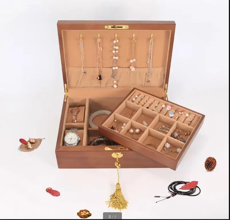 

Double Rectangle Jewelry Box Chinese Wooden Storage Box with Lock Jewelry Watch Necklace Earring Ring Storage Container Gift