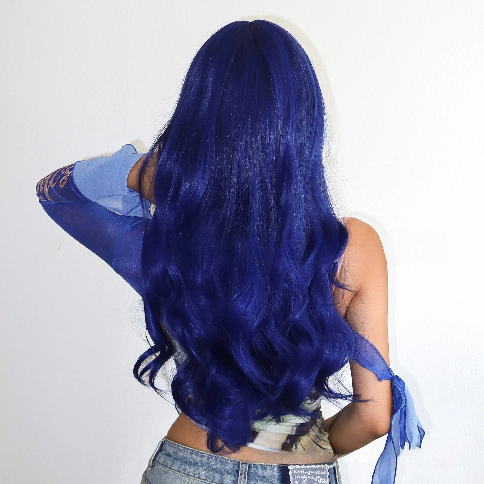 Halloween Pruik Blauw Lang Golvend Haar Pruik voor Vrouwen Cosplay Hoge Temperatuur Vezels Synthetische Pruiken met Gordijn Pony Hoofdband Pruiken