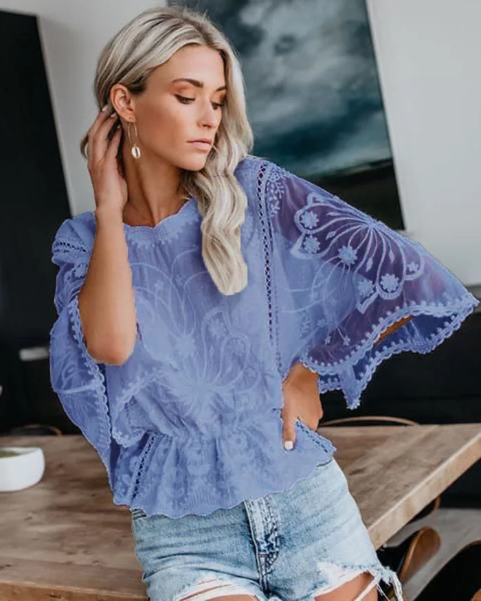 

Elegant Lace Women's Embroidered Slim Shirt O-neck Summer Short Sleeved Tops Blouse Casual Solid Color Commuting Waist Pullover