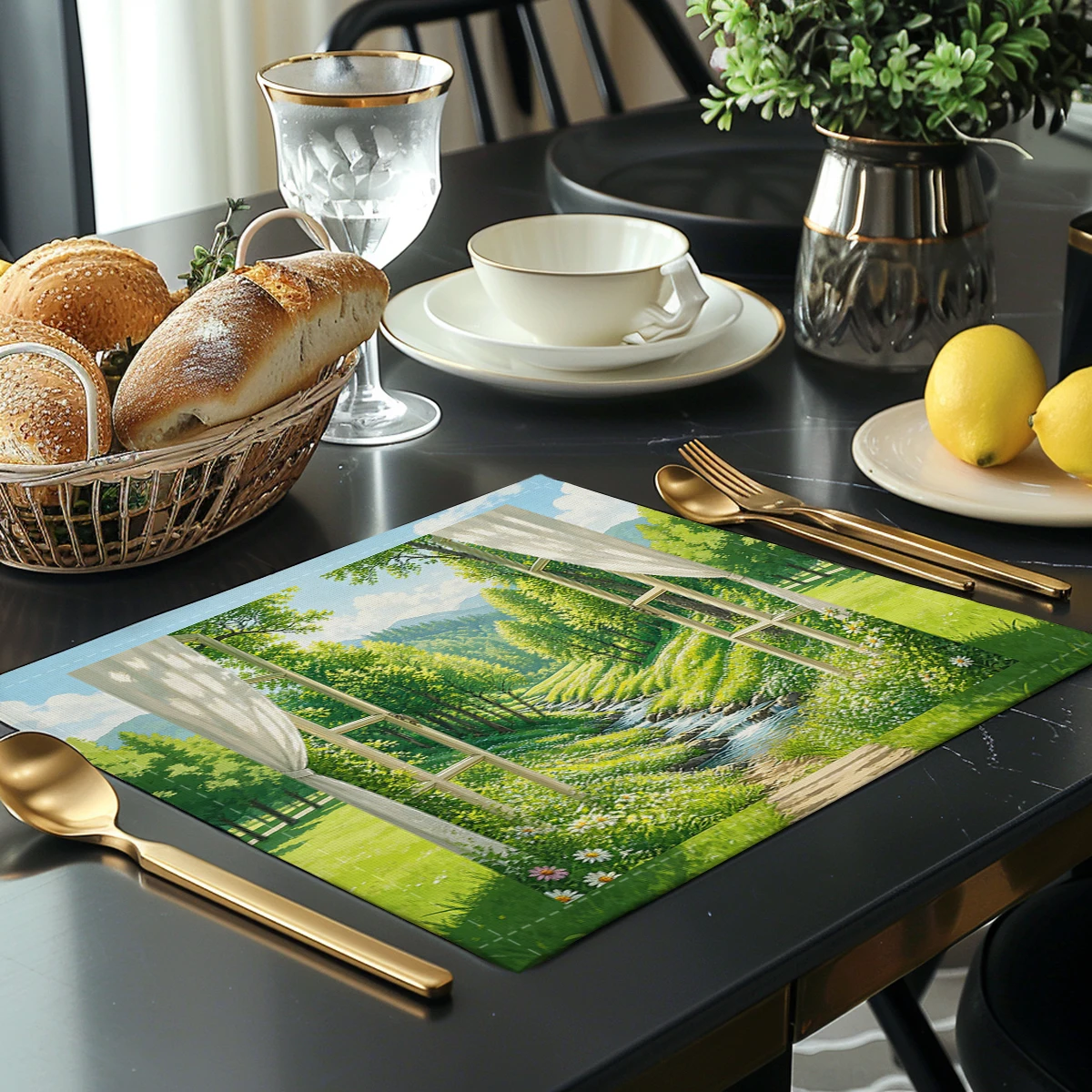 Forest Scenery Printed Polyester Placemats - Decorative Table Mats, Durable Washable Table Decor for Daily Home Dining Use