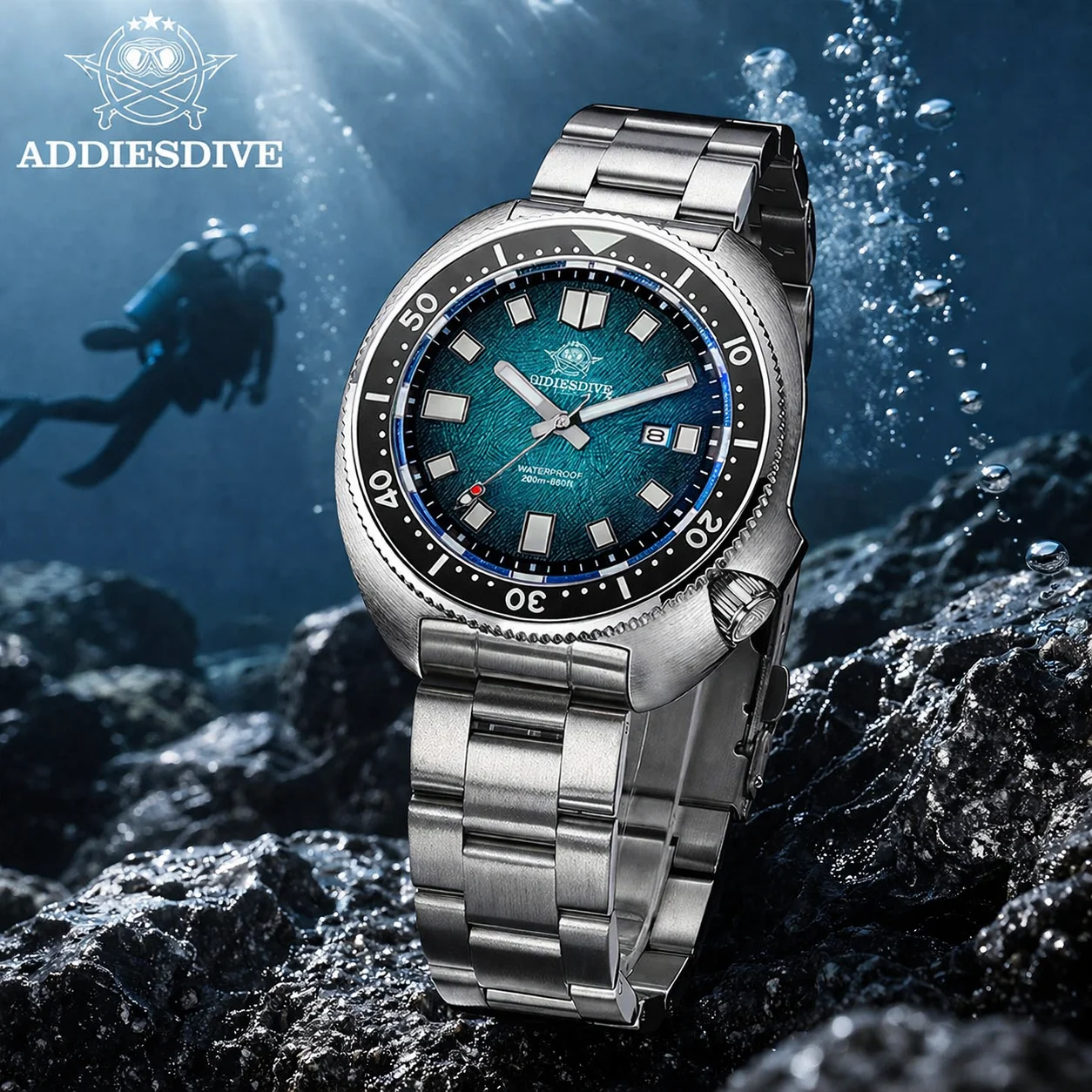 Reloj de buceo ADDIESDIVE para hombre, reloj de cuarzo de acero inoxidable con bisel de cerámica luminosa de zafiro AR, reloj deportivo resistente al agua hasta 200m, nuevo