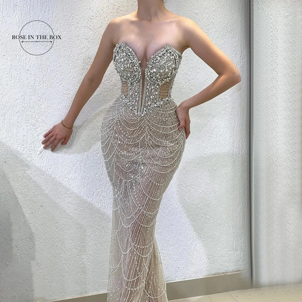 Luxury Dubai Mermaid Crystal Beaded Evening Dresses New Designs  Nude Sweetheart Arabic Formal Gowns For Women Wedding Party