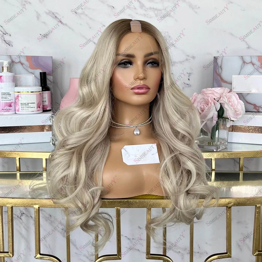 

Super Wavy Long Human Hair Silver Grey Blonde Dark Roots Women Easy Wear U Part Wigs Glueless Full Machine Made Virgin Hair Wig