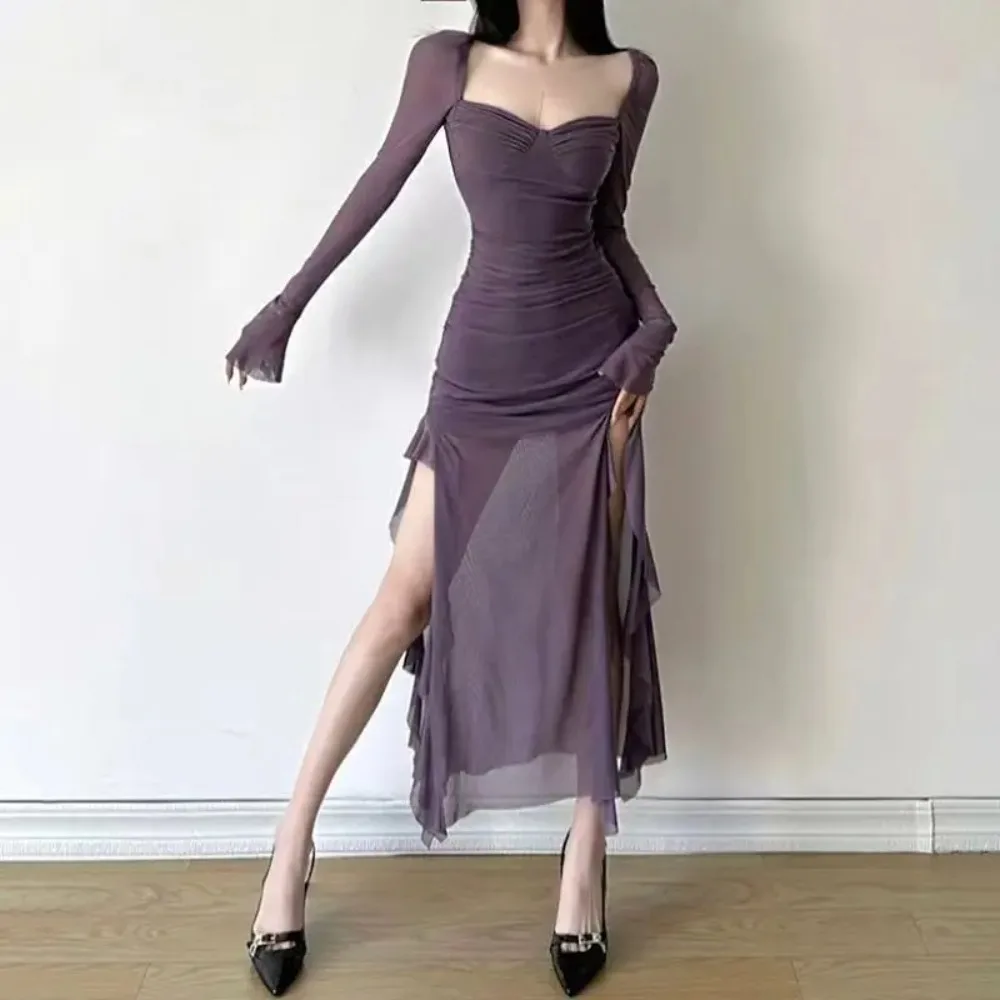 Sexy Ruffles Party Club Black Purple Dress Fashion Vestidos Women Long Sleeve High Slit Mesh Bodycon Dress