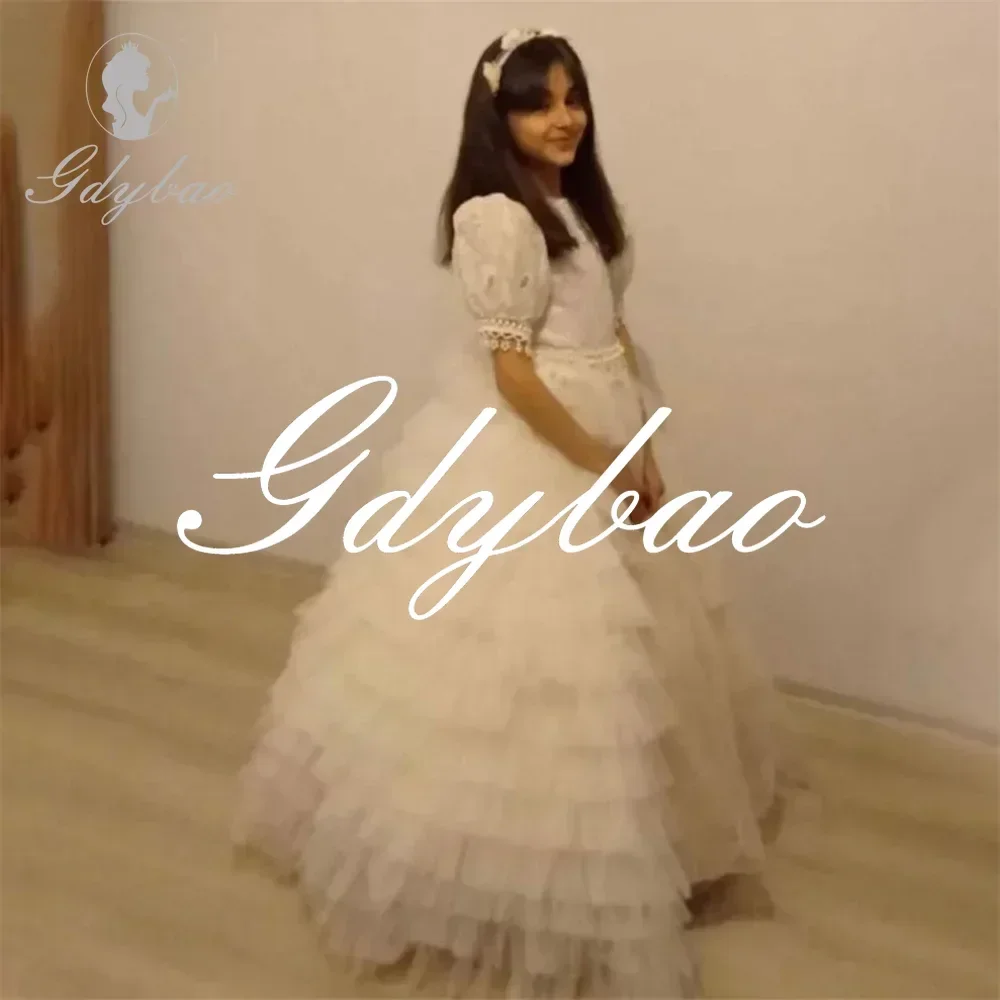 

Luxury Lace Applique Pleat Short Puff Sleeve A Line Long Ball First Communion Gown Floor Length Wedding Party Flower Girl Dress