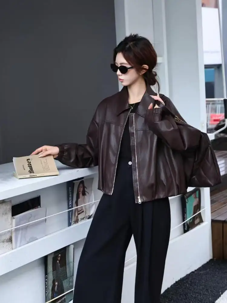 

Retro Women Black Green Pu Leather Zipper Jakcet Korean Brown Long Sleeves Zipper Lapel Short Coat Autumn Winter Streetwear Tops