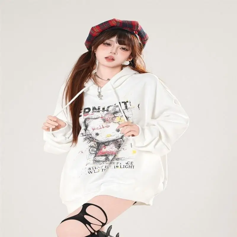 لطيف الكتابة على الجدران HelloKitty مطبوعة هوديي للرجال والنساء الخريف الكورية كسول نمط فضفاض هوديي معطف سانريو مرحبا كيتي الزي #4