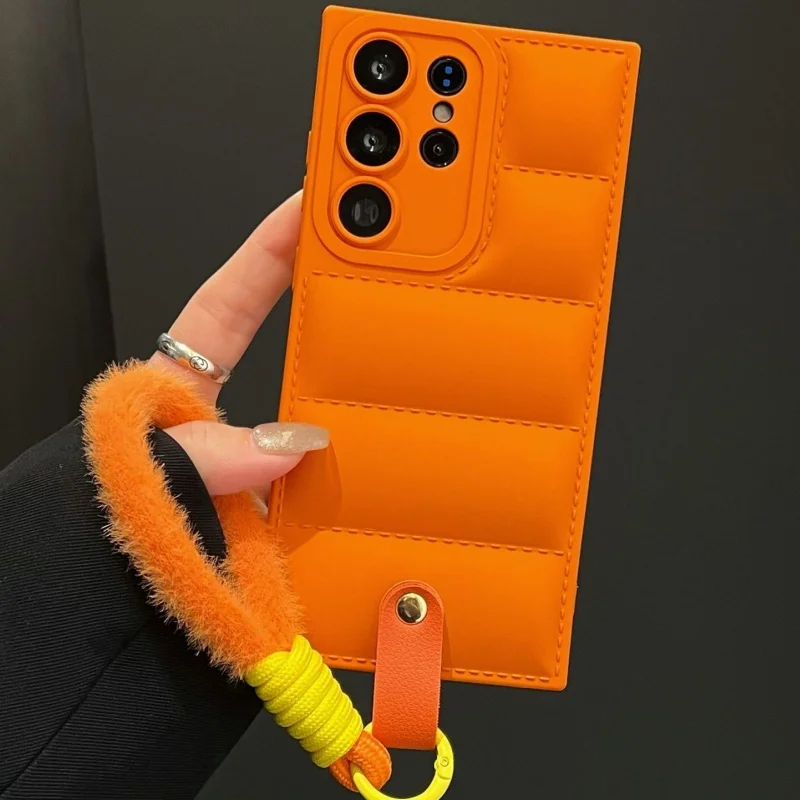 

Fashion Down Jacket Lanyard Phone Case For Samsung S25Ultra S24 S23 S22Plus S21 FE Wrist Strap Cover For Galaxy A54 A55 A15 A32