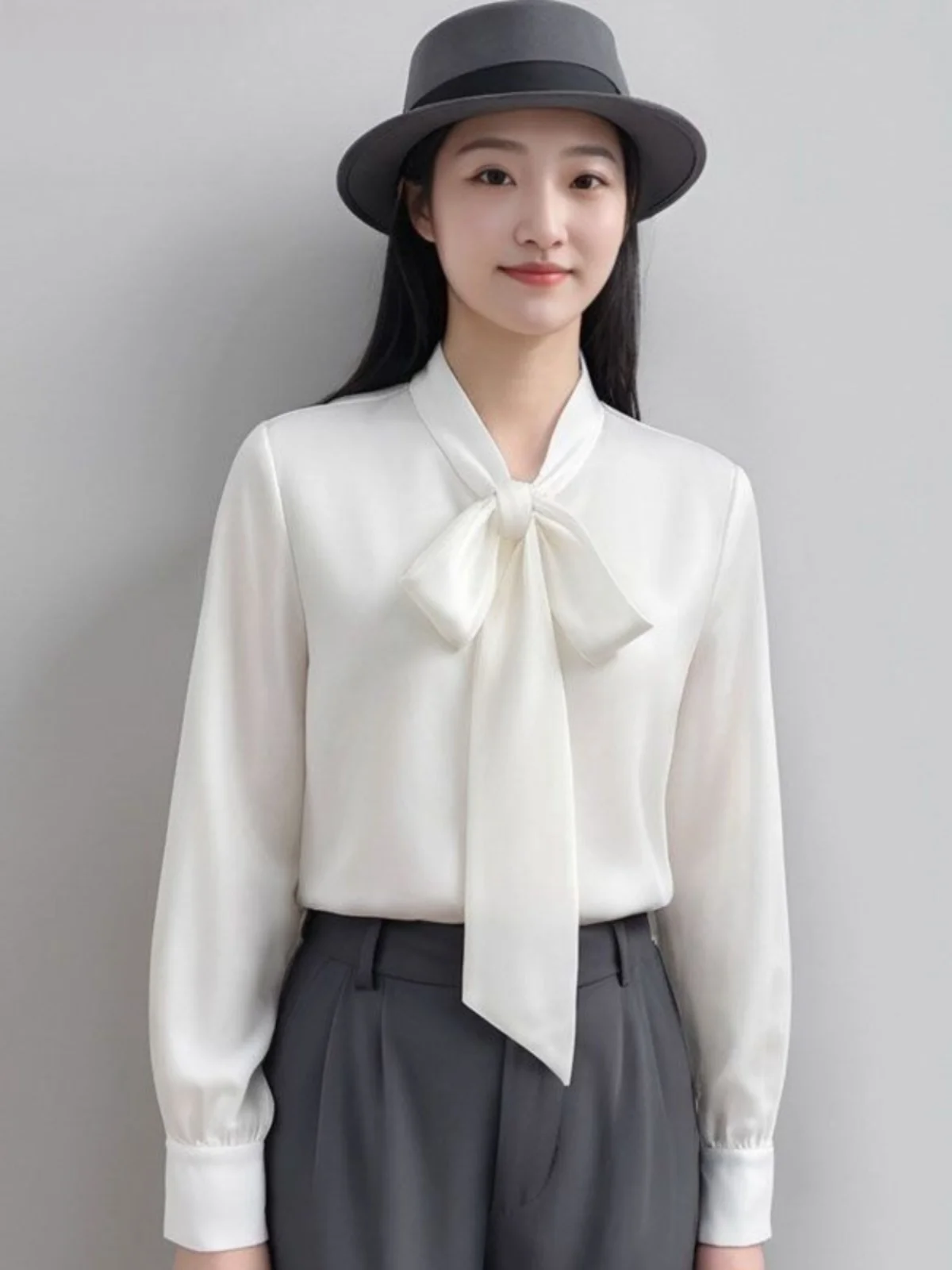 

Trendy Knot Fce Lined White Belted Women's irt Spring Autumn Winter New Sle French Sle Loose Polyester Lon...