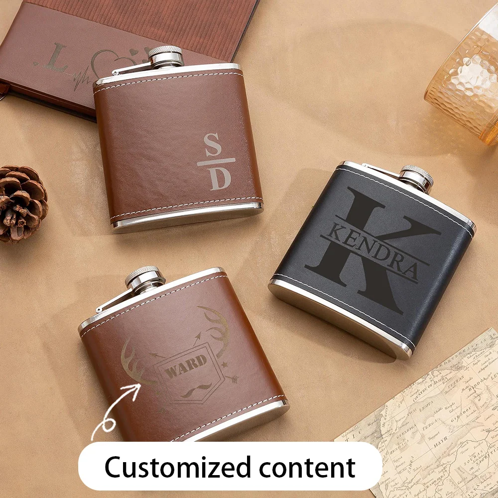 Leather Wrapped Hip Flask, Custom Engraved Monogram Name Stainless Steel Pocket Flask, Groomsmen Wedding Gift,Christmas Gift.