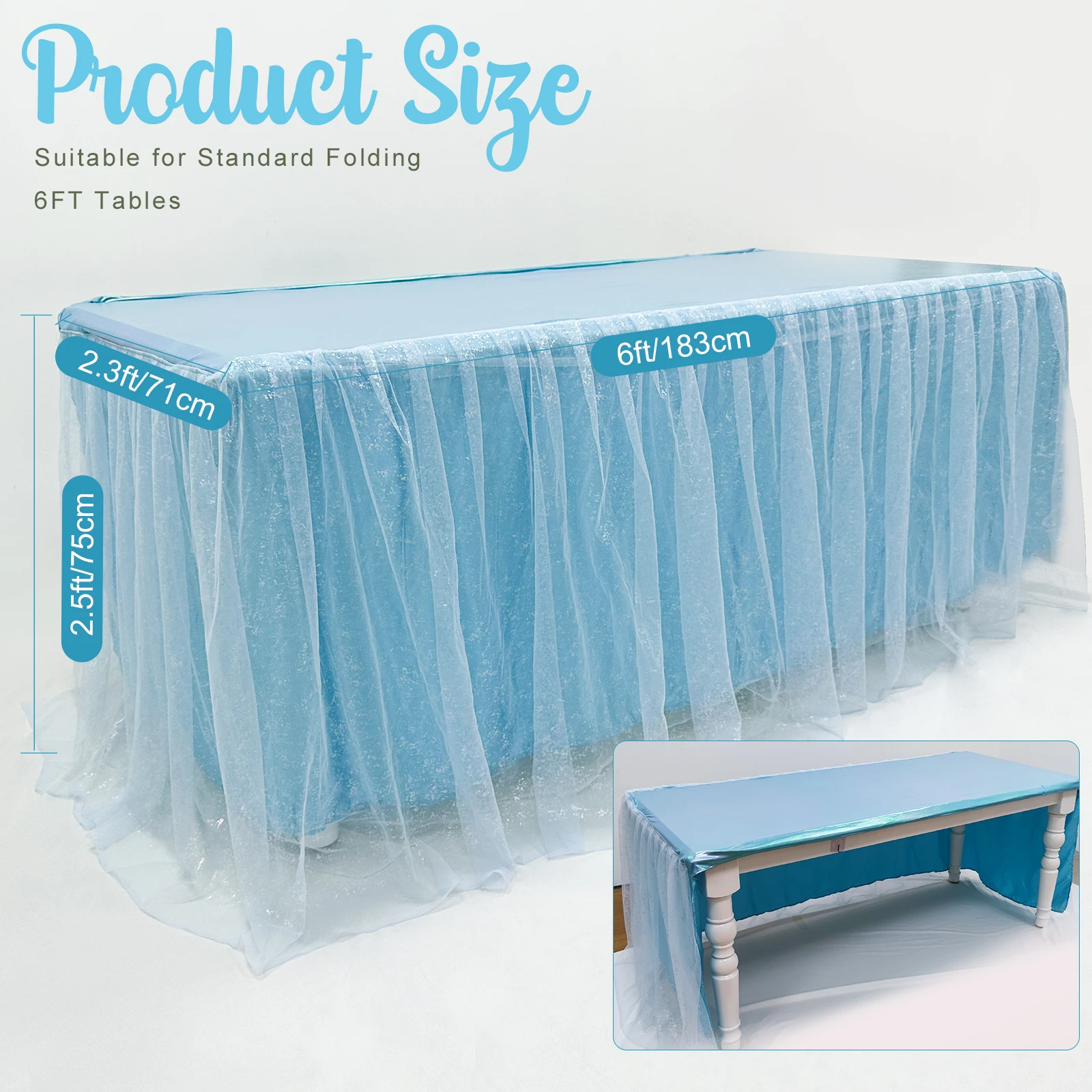 1Pcs Table Skirt Tulle Table Skirts for Rectangle Tables 6ft Desk Skirt Decorations for Baby Shower Wedding Party Gender Reveal