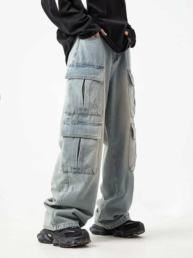 

Original multi-pocket jeans for men Spring and Autumn washed distressed loose Japanese style denim trousers