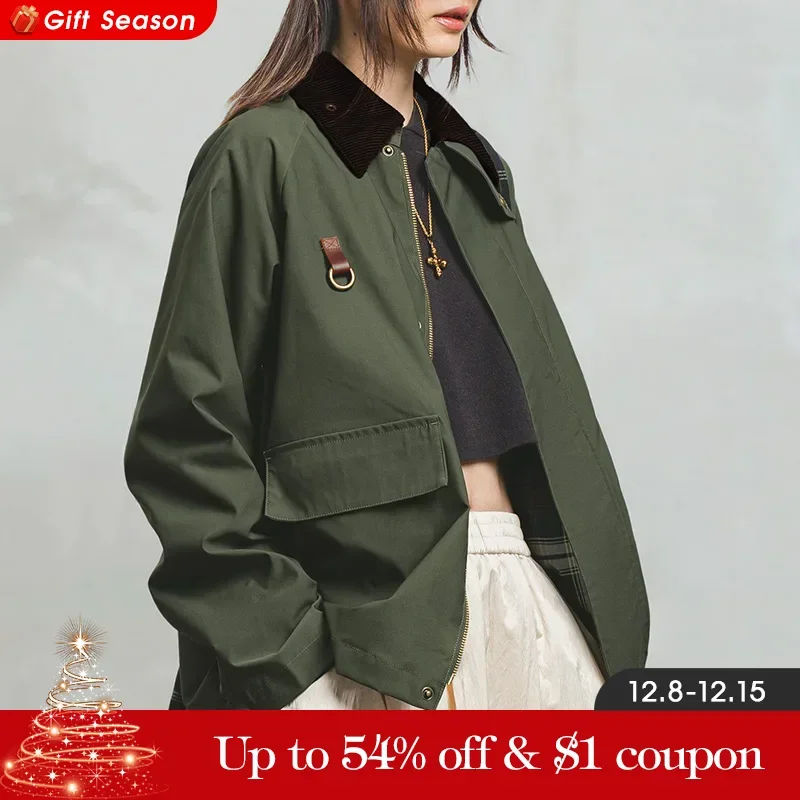 Maden Retro Women\'s Corduroy Patchwork Lapel Spey Jacket Green Casual Hunting Jacket for Autumn with Zippered Front Outerwear