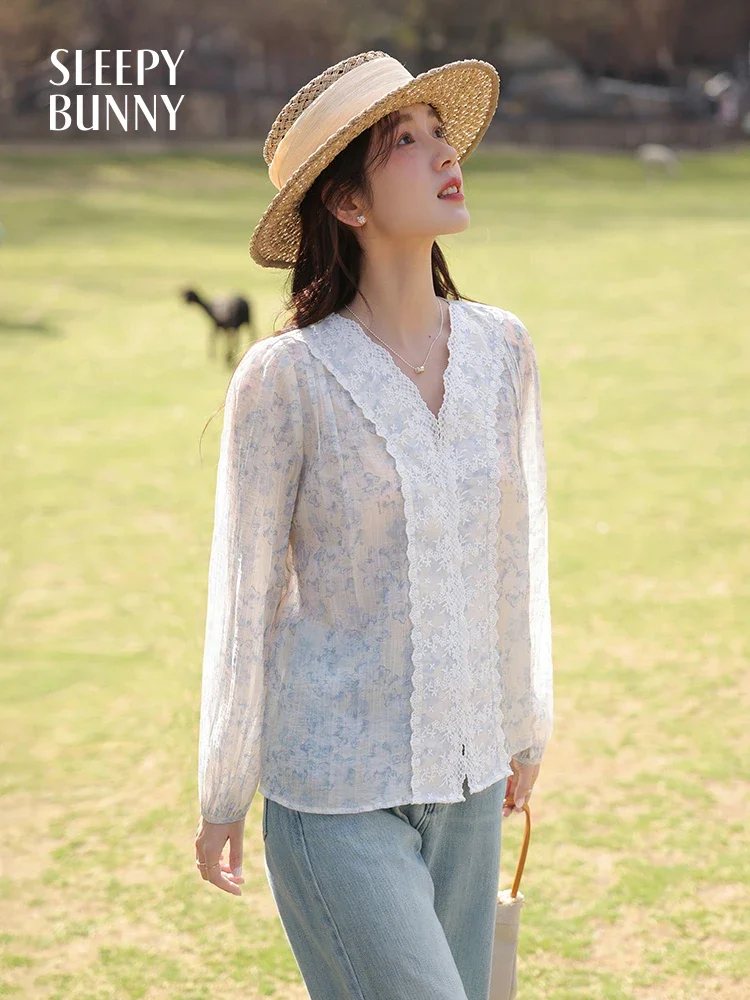 Lace Trim Floral Blouse Women Summer Puff Sleeve Loose Fit Vintage Button Down Shirt with Ruffle Detail Elegant Lightweight Top