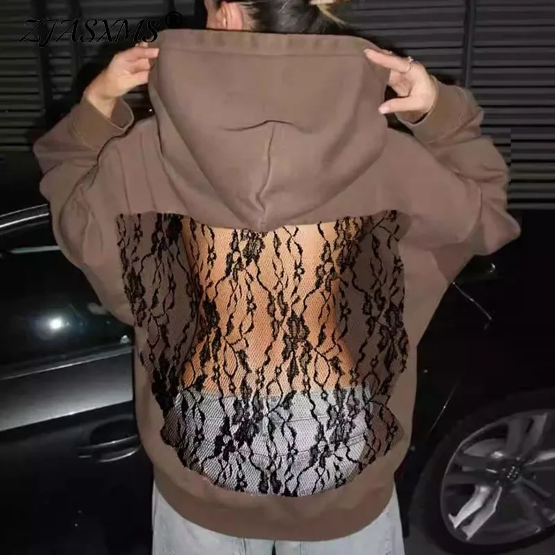 

Clothes Autumn Fashion Hooded Sweatshirts Sexy Hollow Backless Lace Embroidered Top Winter Long Sleeve Fleece Hoodies Jumper