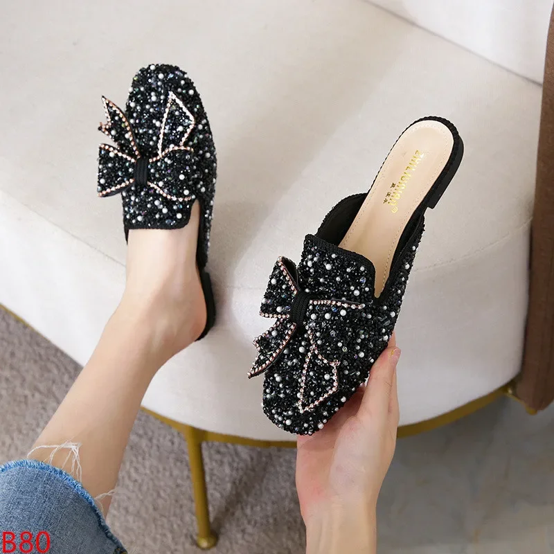 Square Toe Paillette Beads Mules Women Slippers Summer Shoes Woman Sandals Flip Flops Pearl Bling Glitter Slides Plus Size 34-43