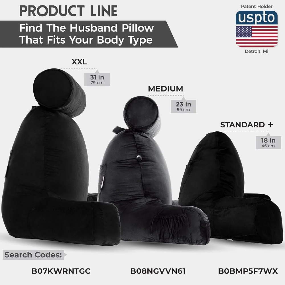 وسادة سوداء مستقرة متوسطة الحجم ومريحة للغاية مع أذرع لقراءة الجلوس ومسند السرير، لفة رقبة قابلة للفصل لـ Premium S