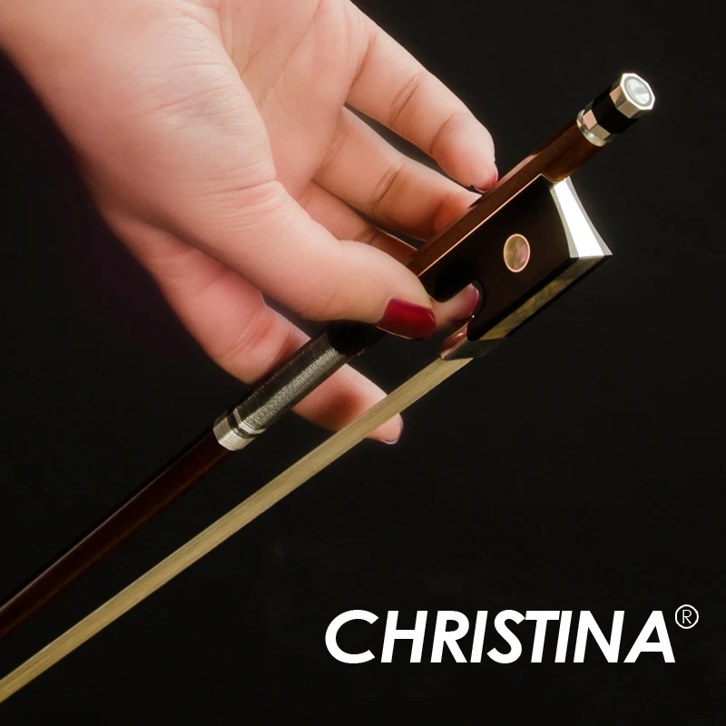 

CHRISTINA High Quality Pernambuco Violin Bow SG10, Inlaid Abalone Frog Parisian Eye in Ring Black Silk Thread Silver Winding