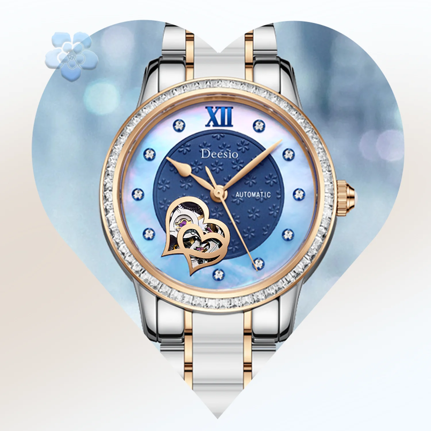 

Deesio Women Mechanical Automatic Wrist Watch Skeleton Dial Ceramic Steel Bracelet Water Resistant 50M Luxury Romantic Gift