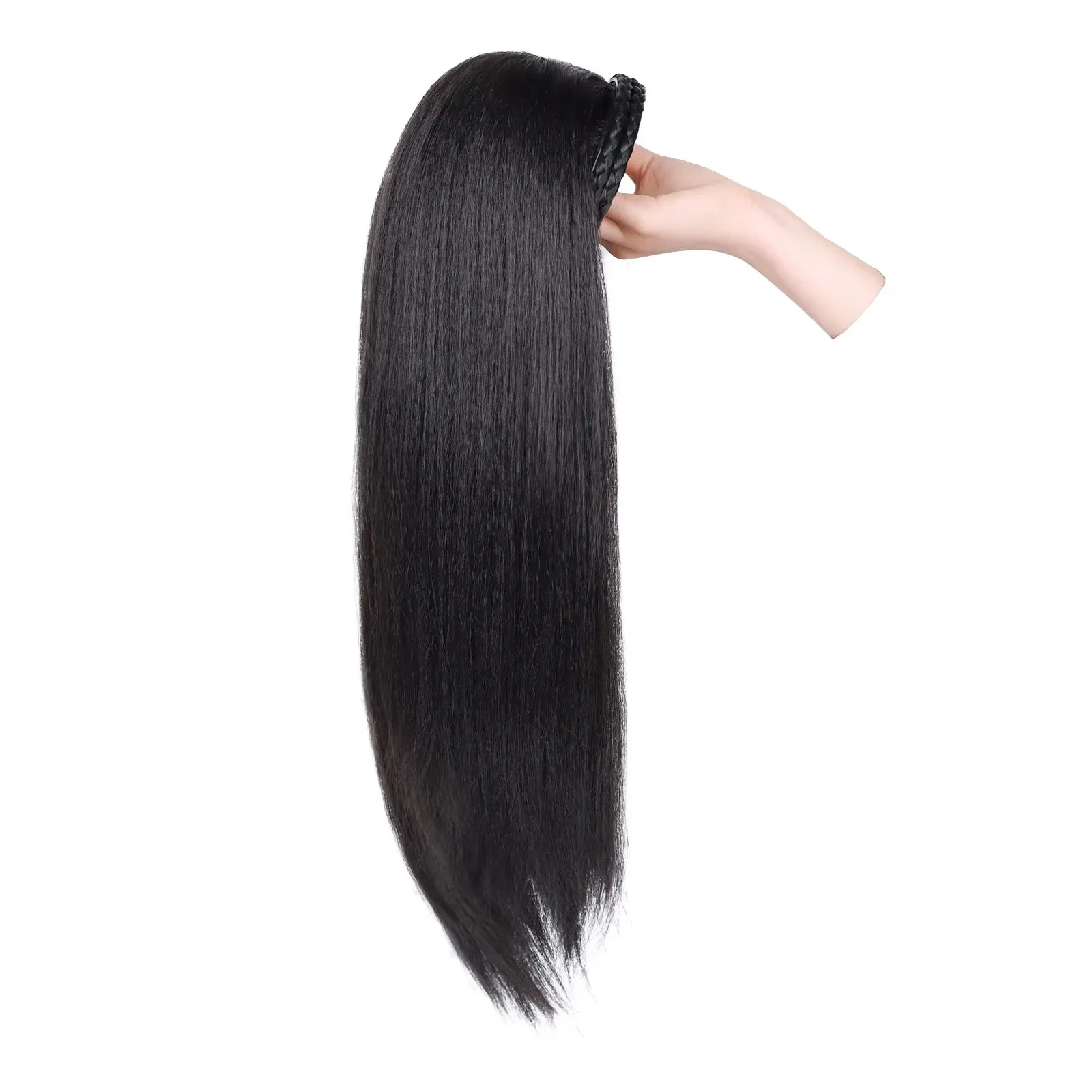 Mezza parrucca diritta Yaki con capelli intrecciati Parrucca diritta crespa per donne nere Parrucche sintetiche resistenti al calore per l'uso quotidiano