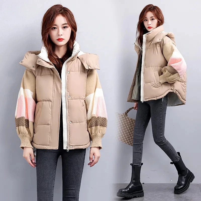 Womens Down Cotton Jacket 2023 New Winter Parkas Thciken Hooded Short Padded Coat Loose Korean Splice Outerwear Female Clothing