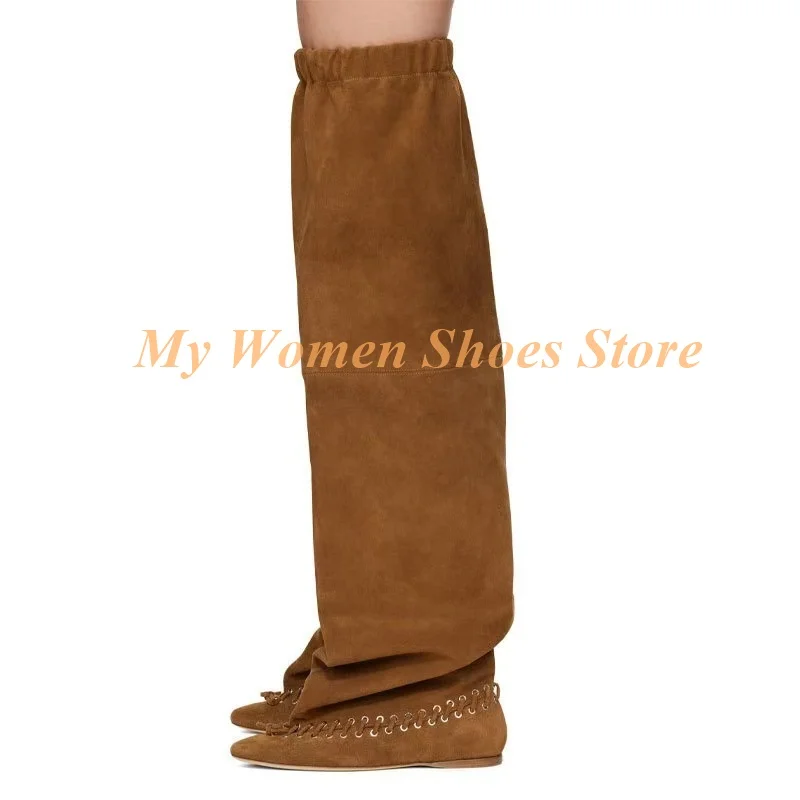

Rivet Suede Over The Knee Boots Round Toe Slip On Brown Black Height Increase Runway Women Dress Shoes Slouchy Style