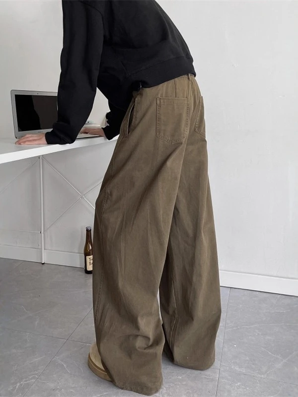 

American Retro Thi Wide Leg Work Pants Men's Coffee Color Early Spring Faion Casual Trousers Loose Fit Long Pants