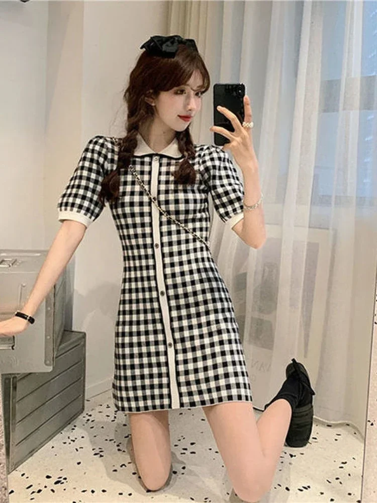 Woherb Vintage Plaid Knitted A-line Dress Women 2024 Summer Short Sleeve Single-breasted Elegant Fashion Ladies Vestidos Mujer