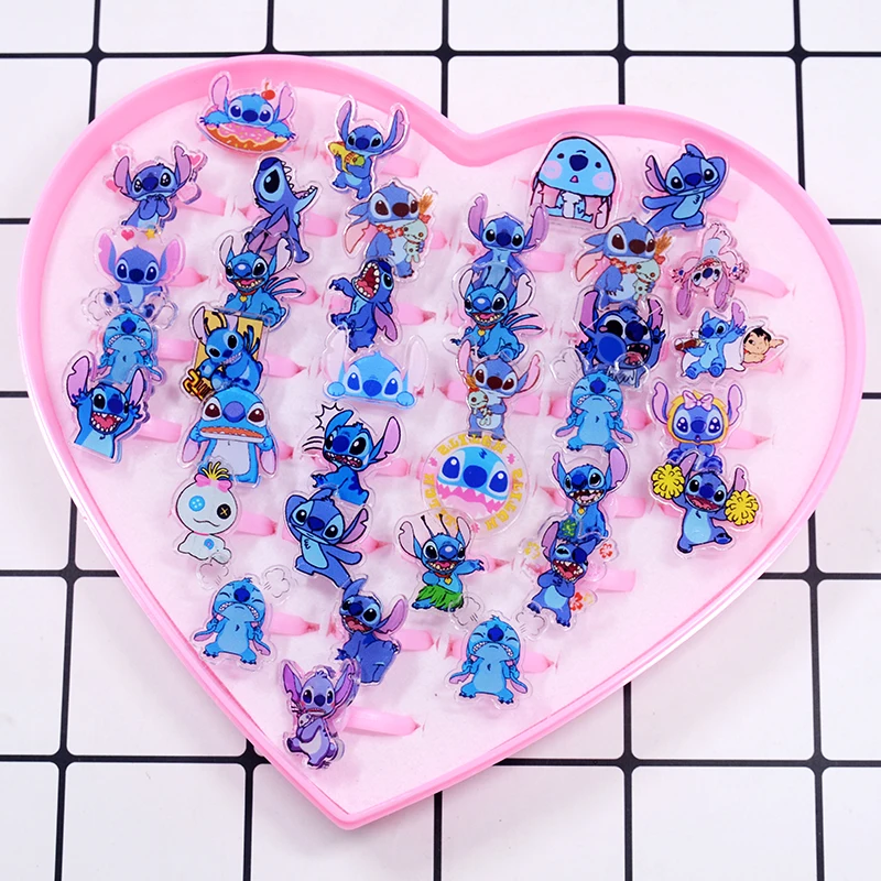 36pcs Disney Stitch Children's Cartoon Rings Ring Toys Acrylic Ring Party Figure Jewellery Rings Kid Girls Toys with display box