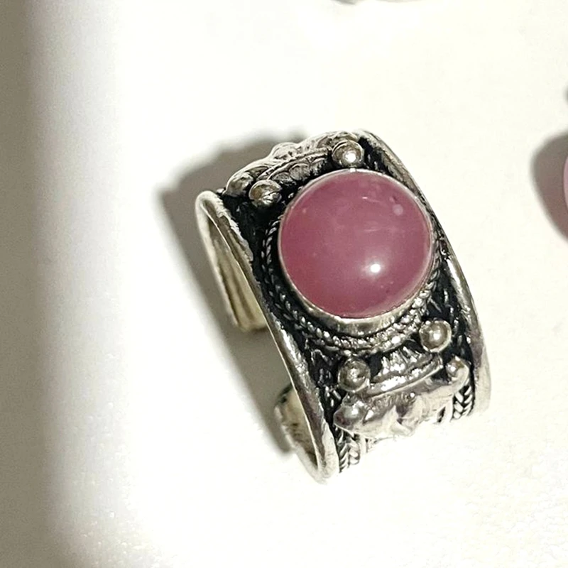 Tibetan Rings for Man Woman Metal Copper Inlay Pink Crystal Open Ring Tibet Dorje Amulet