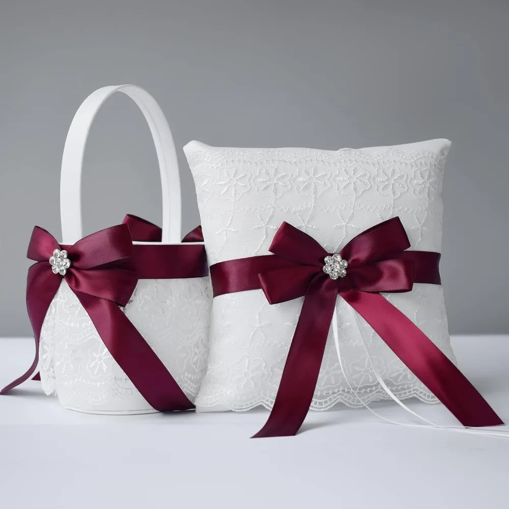 flower-girl-baskets-and-ring-pillow-set-for-wedding-double-lace-accented-royal-design-dark-red