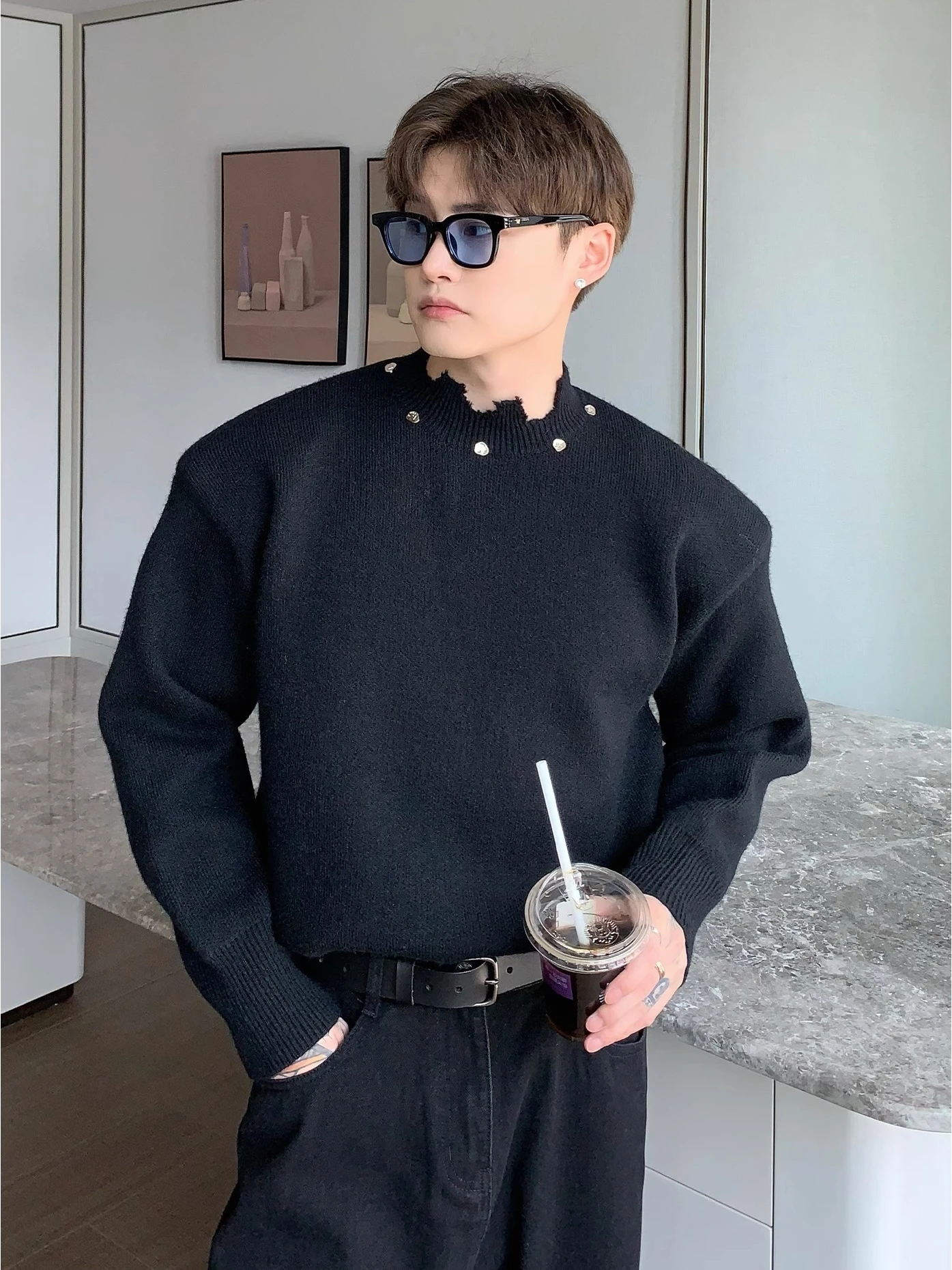 

Винтажный мужской свитер с нагрузками, металлический вязаный топ, простой корейский вариант, свободный крой, осень-зима, модный