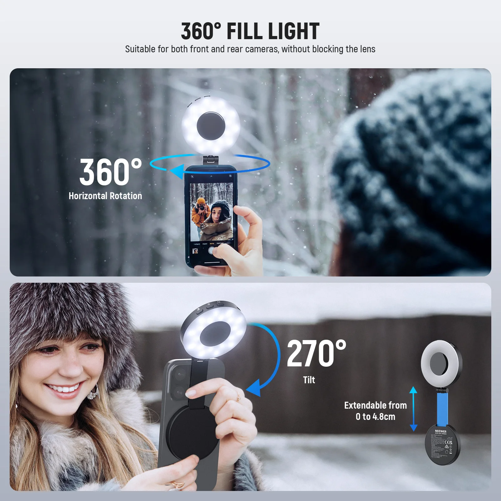 NEEWER Magnetyczna lampka selfie kompatybilna z MagSafe iPhone, 4 tryby CRI95+ 1.5W Plastikowa składana LEDowa lampka do telefonu w kształcie pierścienia — zdjęcie produktu 5