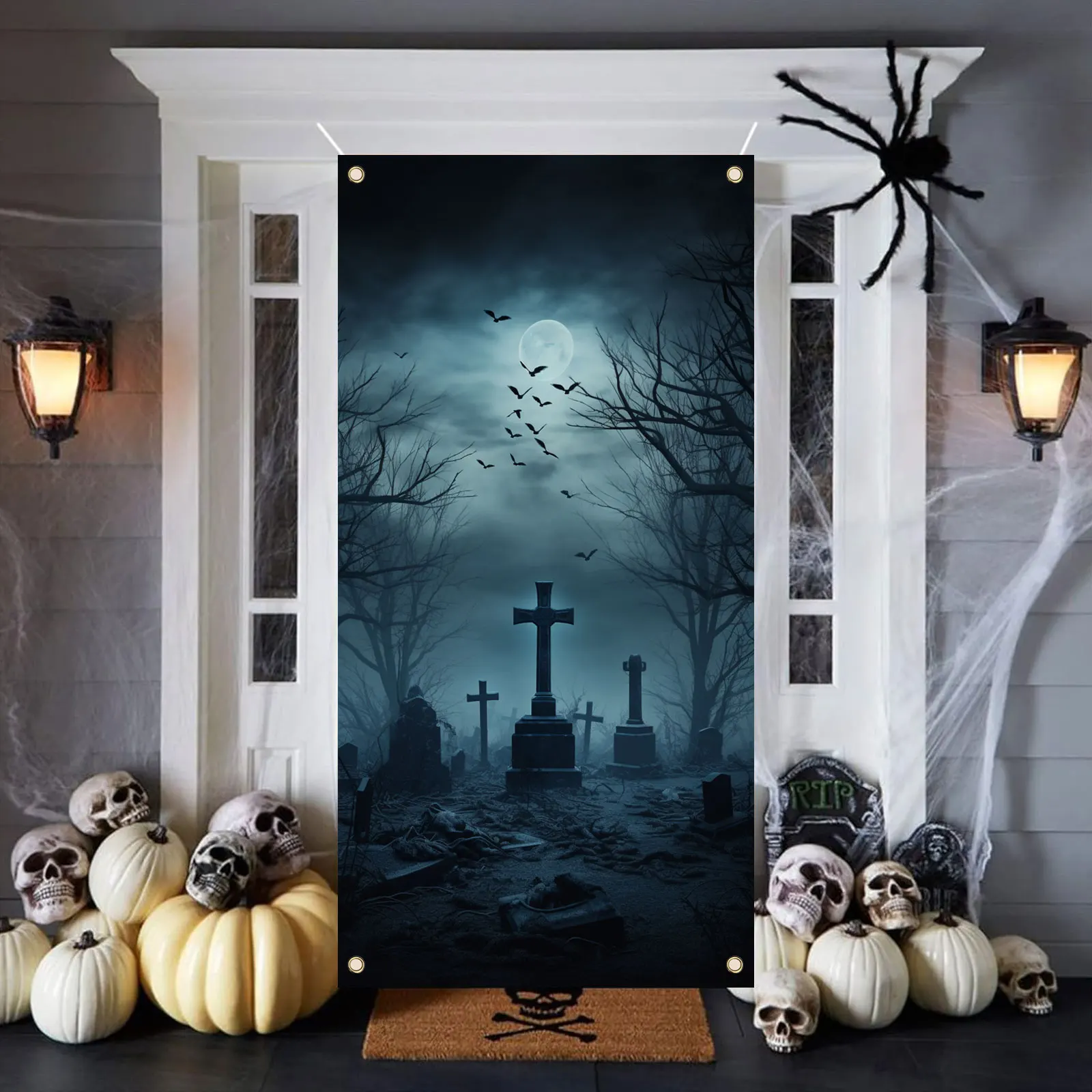 70 × 35 calowy Halloween transparent drzwi w pełni księżyca cmentary fotografia nietoperza zdjęcie pokrywa transparent dekoracje na Halloween