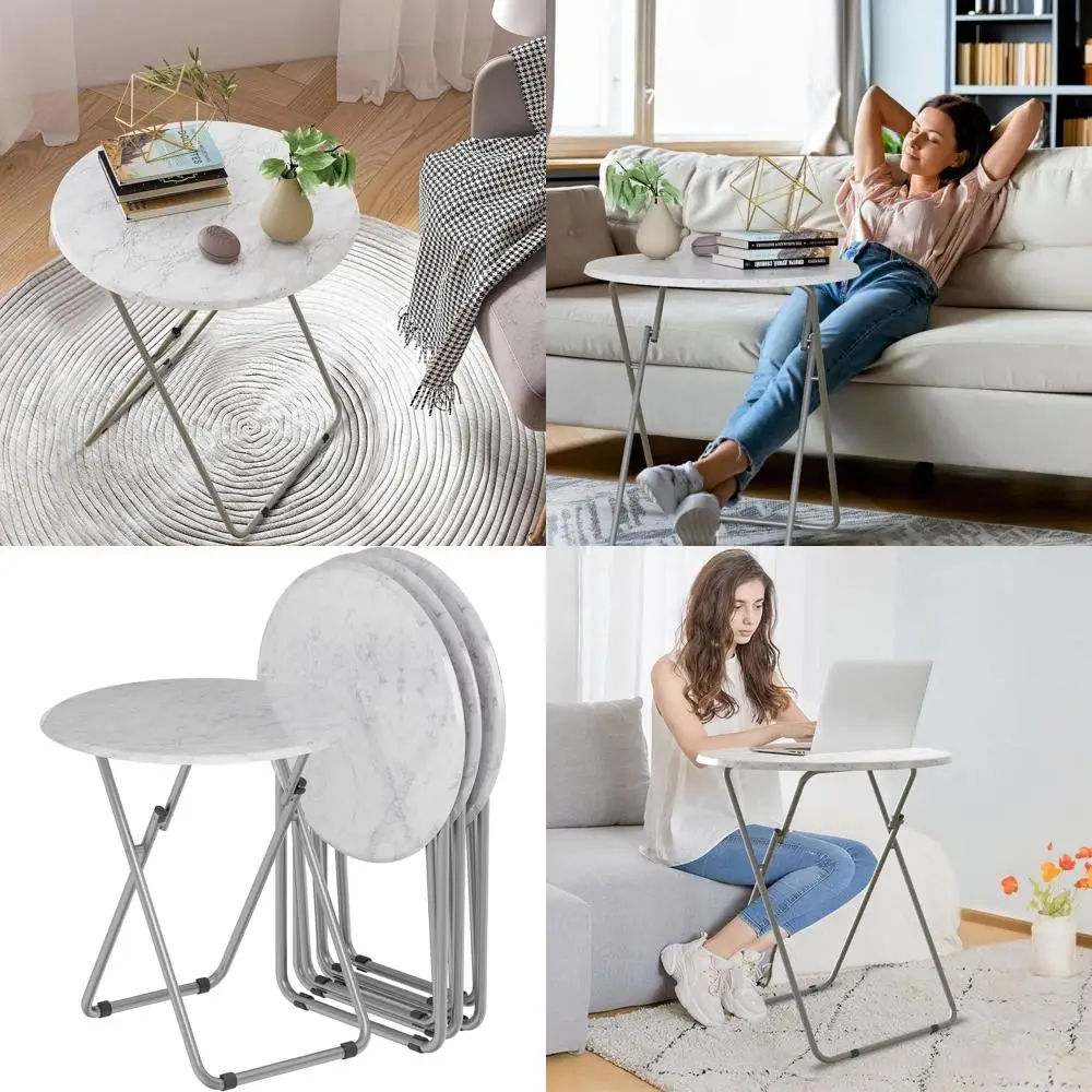 

4-Piece Round Portable TV Tray Set with White Marble Design, Sturdy MDF, No Assembly Needed, 17.5 x 17.5 x 26