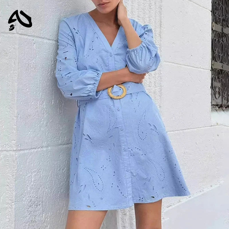 

Original 100% Cotton Women's Dress Solid Color V-neck Sexy Hollow Waist Belt Button 7-inch Sleeve Casual And Comfortable Dresses