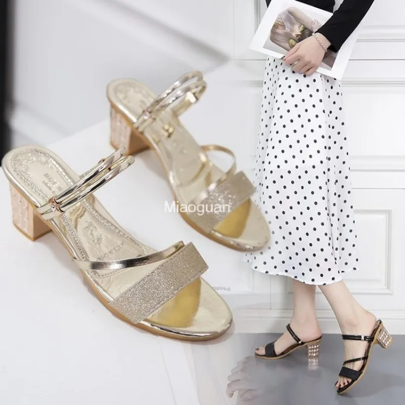 Casual Shoes Classic Elegant Low Heel Sandals Summer Fashion Women\'s Gold Fish Mouth Word Buckle Party Dual Use Slippers/sandals