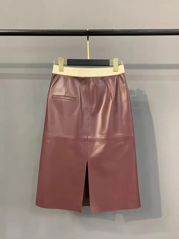 Jupe de bureau élégante pour femmes, couleurs fendues dans le dos, panneaux dans le dos, jupe de travail fendue, ligne A, en peau de mouton, en cuir véritable, nouvelle collection automne
