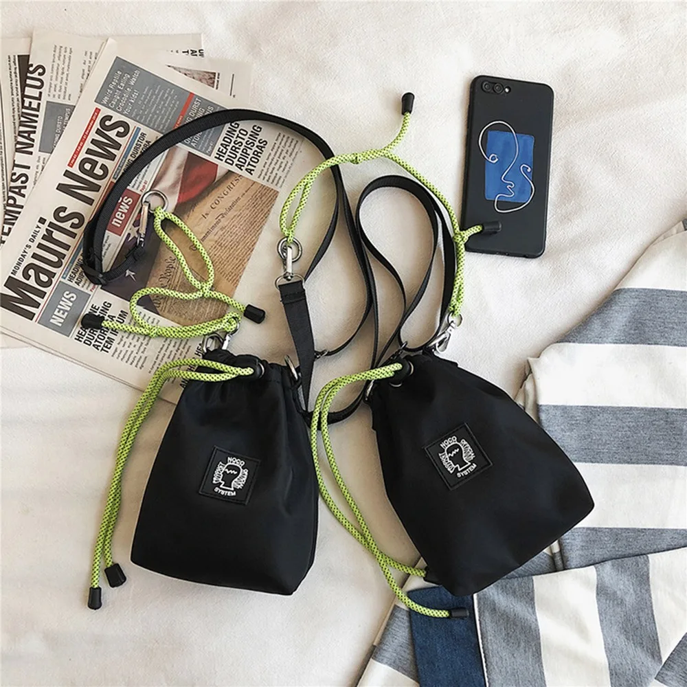 

Large Capacity Drawstring Bucket Bag Fluorescent Color Strap Mobile Phone Bag Casual Nylon Shoulder Bag
