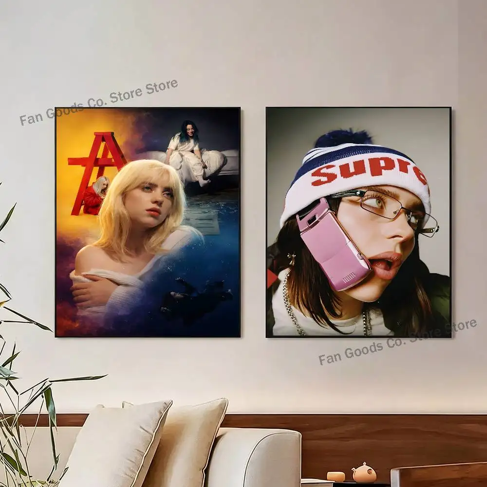 

B-Billie Singer E-Eilish Poster Self-adhesive Art Waterproof Paper Sticker Coffee House Bar Room Wall Deco