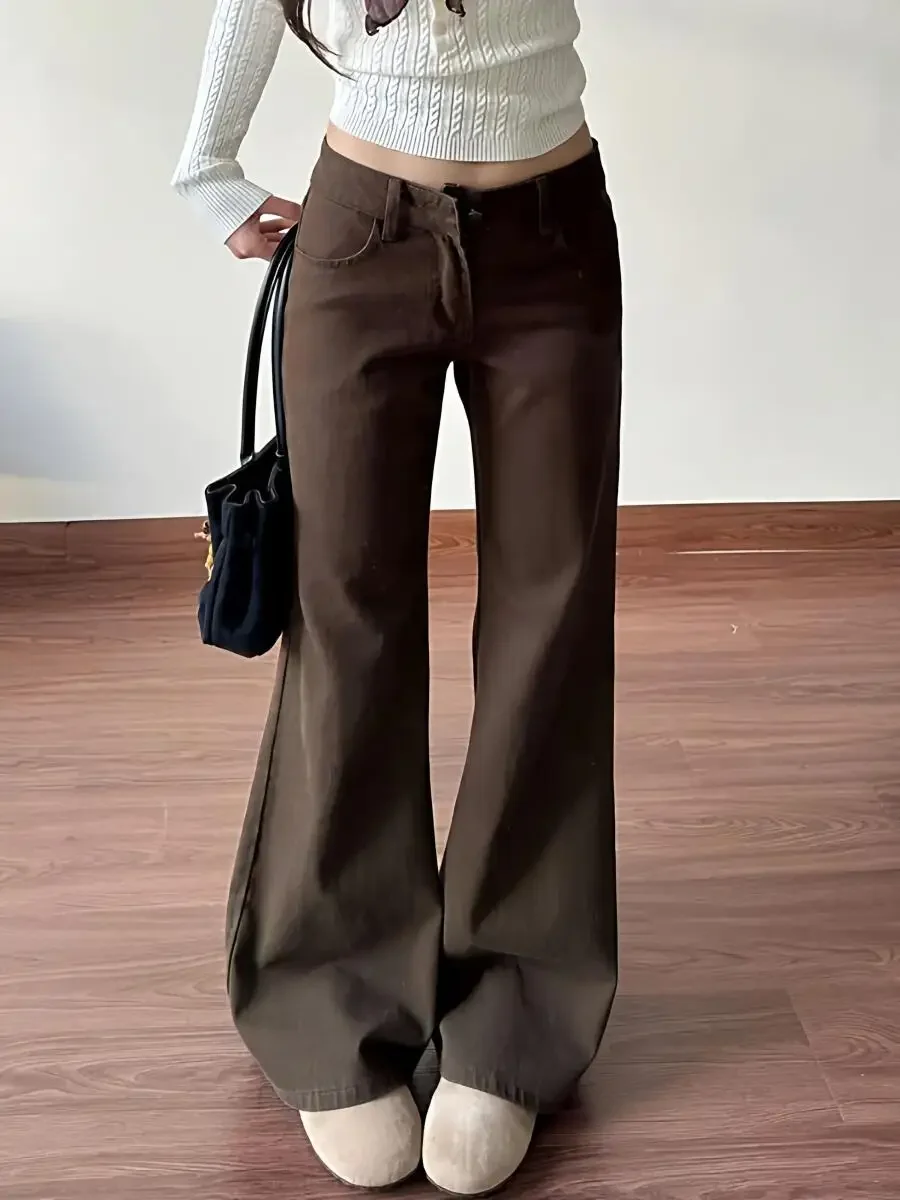 Women Low Waist Wide Leg Pants Spring Retro Micro Flare Coffee Jeans Y2K Spicy Girl American Streetwear Loose Casual Trousers