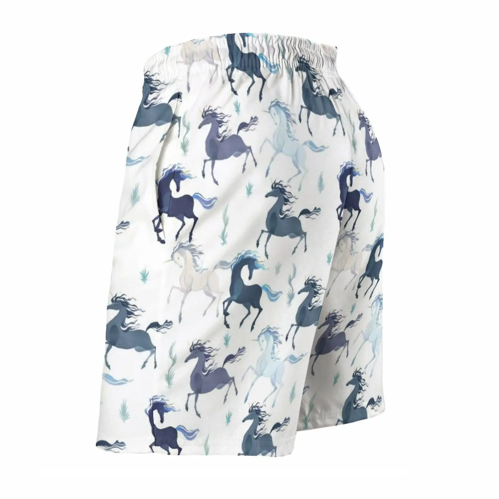 Unicorns Pattern Men's Beach Shorts 3D Printing Loose Surf Board Shorts Beachwear Unicorns Pattern Grass Horses Equine Fantasy