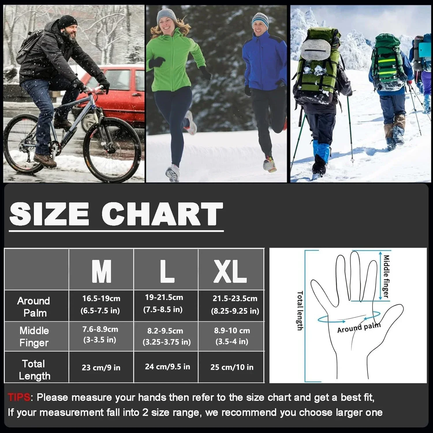 Guantes de invierno para hombres y mujeres: guantes térmicos impermeables para clima frío, para correr, andar en bicicleta con dedo con pantalla táctil