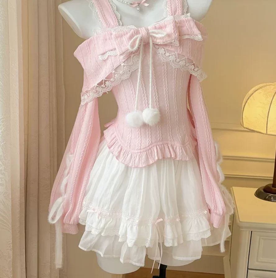 Sweet and Cute Girl Pink Bow Off-the-shoulder Slimming Waist Long-sleeved Top + Cake Short Skirt Autumn New Two Piece Set