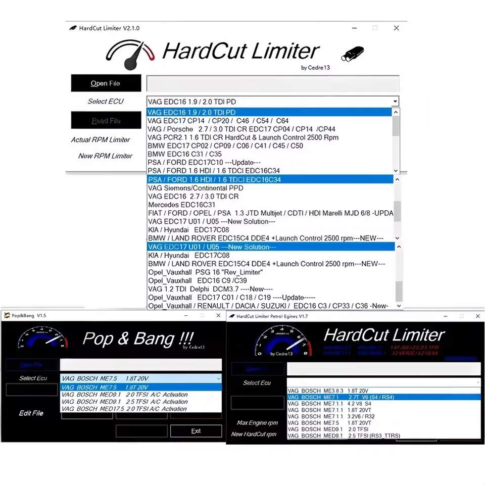 

ECU Software 6 IN 1 PACKAGE HardCut Limiter Diesel + Petrol Engine UltraCuttr + Pop&Bang + HARDCUT VMAX + HotStartr + QLaunch