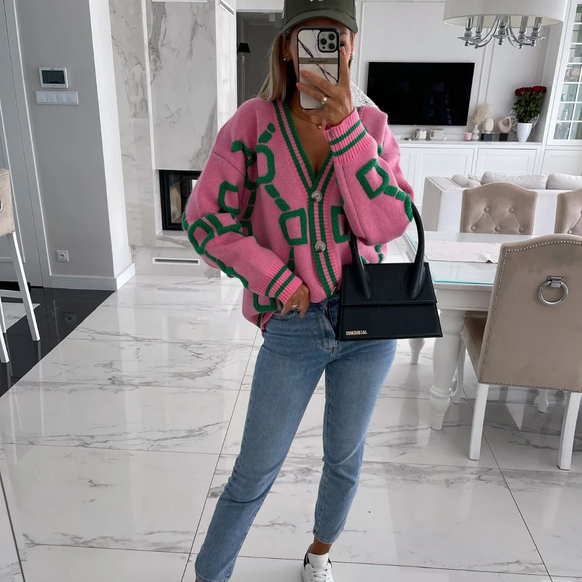 

Women's Autumn Winter Jacquard Knitted Coat Fashion V-neck Long Sleeve Single Breasted Knitting Cardigan Coats Female Streetwear