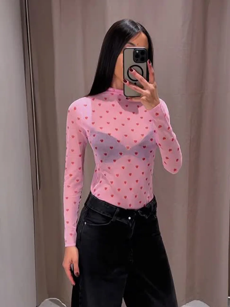 

HH Women 2026 New Fashion Stand Collar Translucent Love-Shaped Printed Knitted Top T-shirt Female Sexy Pure Lust Style Slim Tops